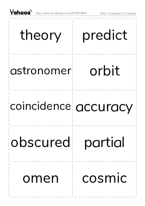 RAZ Vocabulary V: Eclipses PDF two columns flashcards