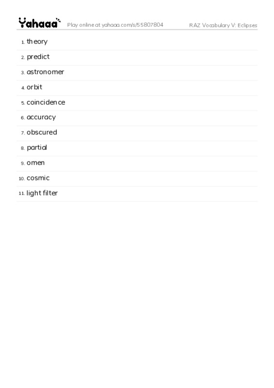 RAZ Vocabulary V: Eclipses PDF words glossary