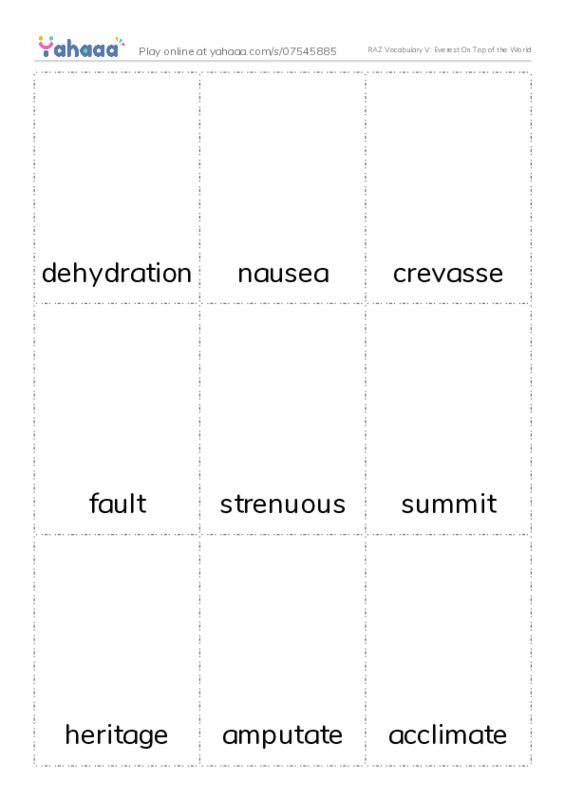 RAZ Vocabulary V: Everest On Top of the World PDF flaschards with images
