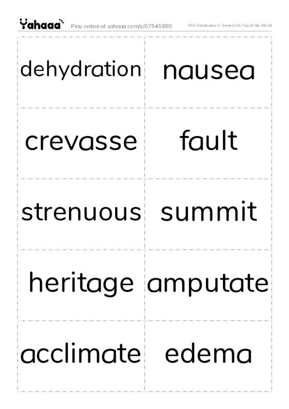 RAZ Vocabulary V: Everest On Top of the World PDF two columns flashcards