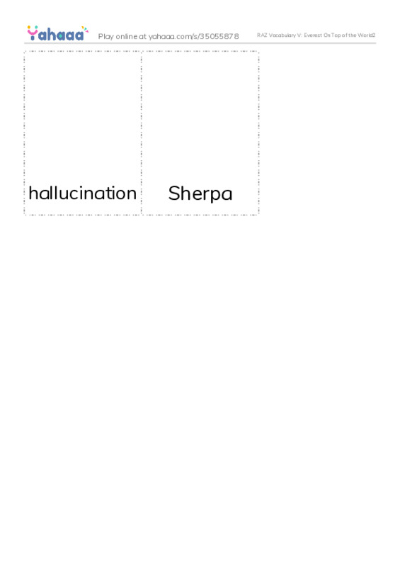 RAZ Vocabulary V: Everest On Top of the World2 PDF flaschards with images