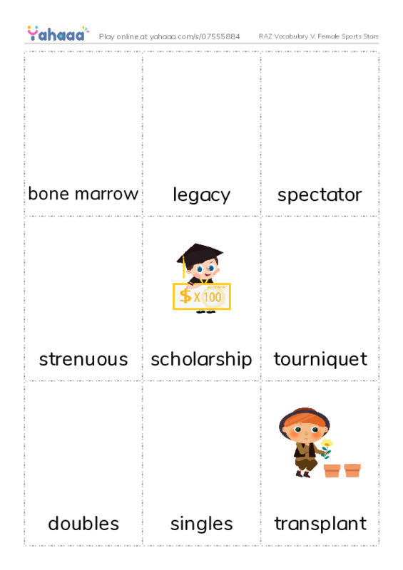 RAZ Vocabulary V: Female Sports Stars PDF flaschards with images
