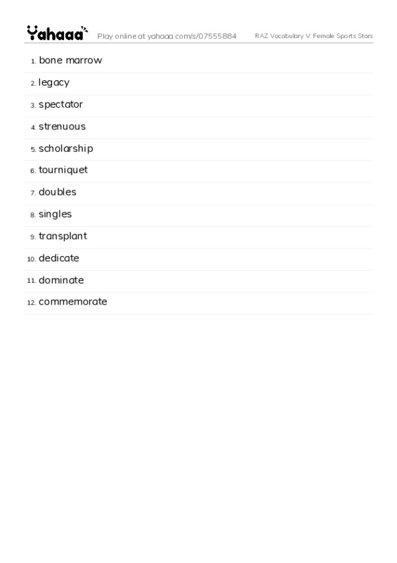 RAZ Vocabulary V: Female Sports Stars PDF words glossary