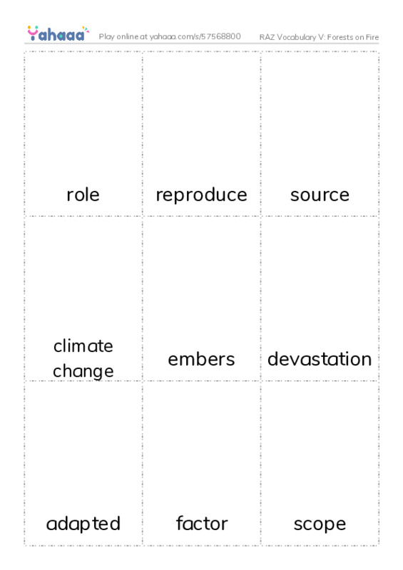 RAZ Vocabulary V: Forests on Fire PDF flaschards with images
