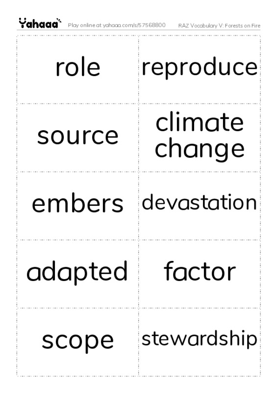 RAZ Vocabulary V: Forests on Fire PDF two columns flashcards