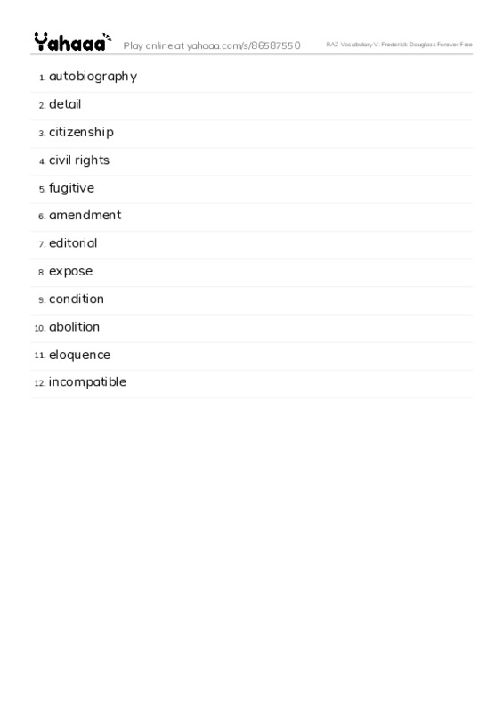 RAZ Vocabulary V: Frederick Douglass Forever Free PDF words glossary