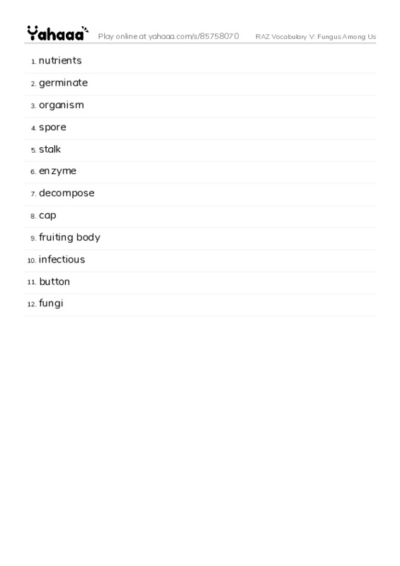 RAZ Vocabulary V: Fungus Among Us PDF words glossary