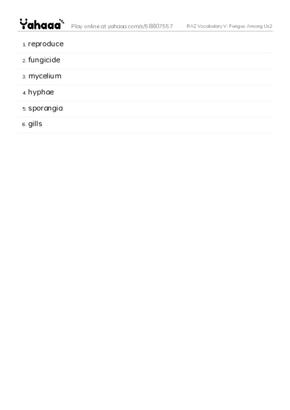 RAZ Vocabulary V: Fungus Among Us2 PDF words glossary