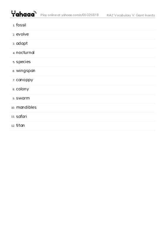 RAZ Vocabulary V: Giant Insects PDF words glossary