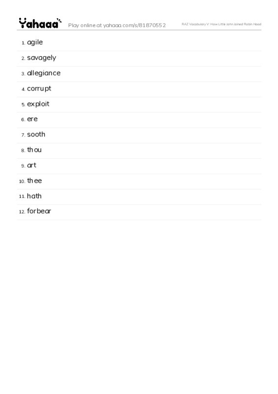 RAZ Vocabulary V: How Little John Joined Robin Hood PDF words glossary