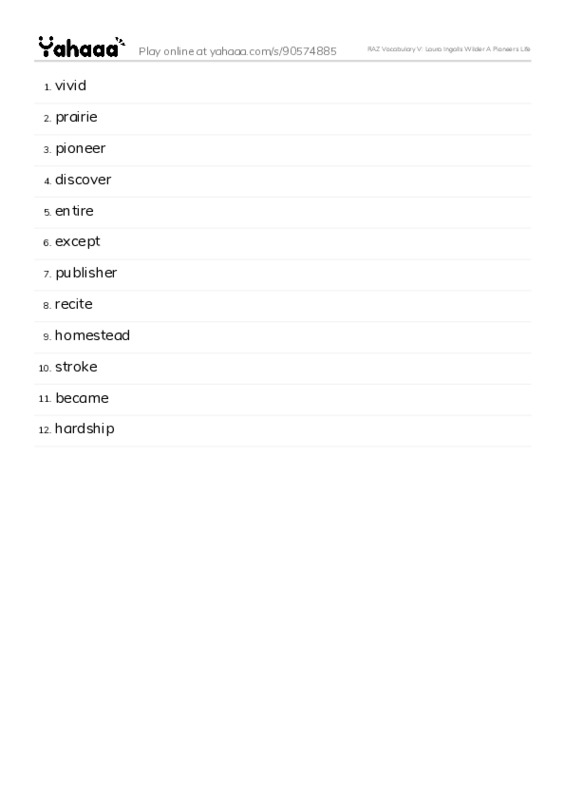 RAZ Vocabulary V: Laura Ingalls Wilder A Pioneers Life PDF words glossary
