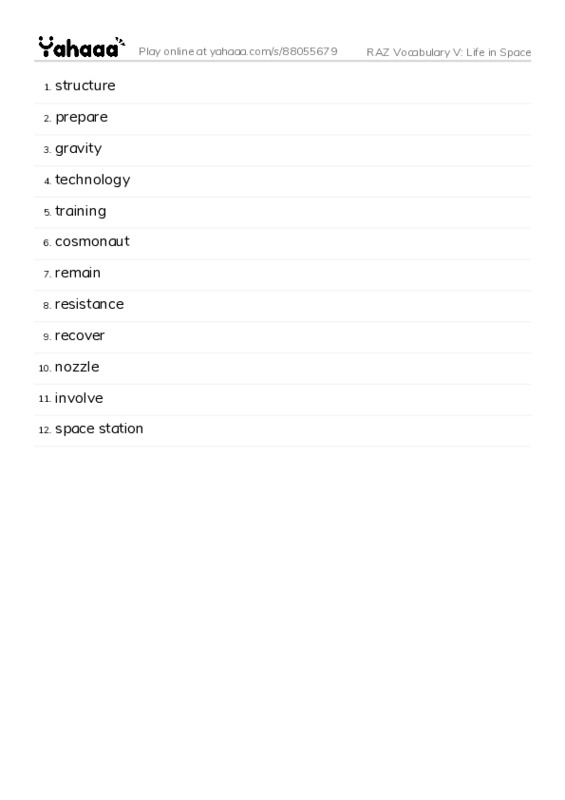RAZ Vocabulary V: Life in Space PDF words glossary