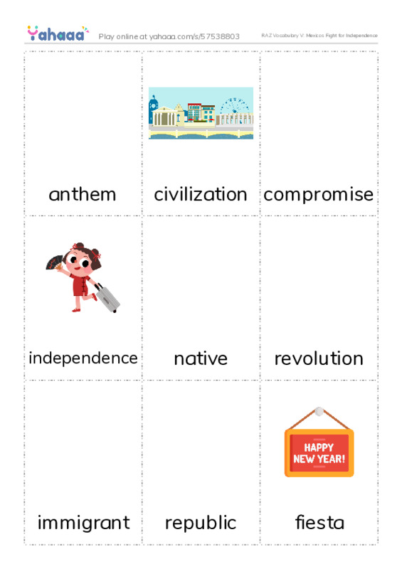 RAZ Vocabulary V: Mexicos Fight for Independence PDF flaschards with images