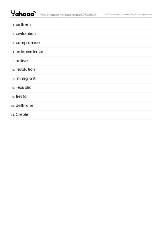 RAZ Vocabulary V: Mexicos Fight for Independence PDF words glossary