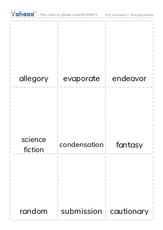 RAZ Vocabulary V: Mirroring Miranda PDF flaschards with images