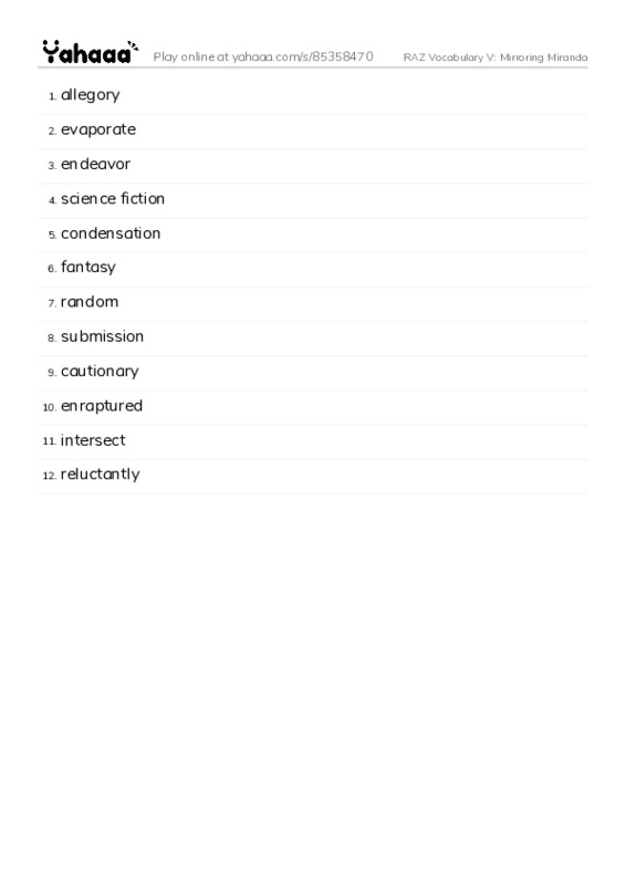 RAZ Vocabulary V: Mirroring Miranda PDF words glossary