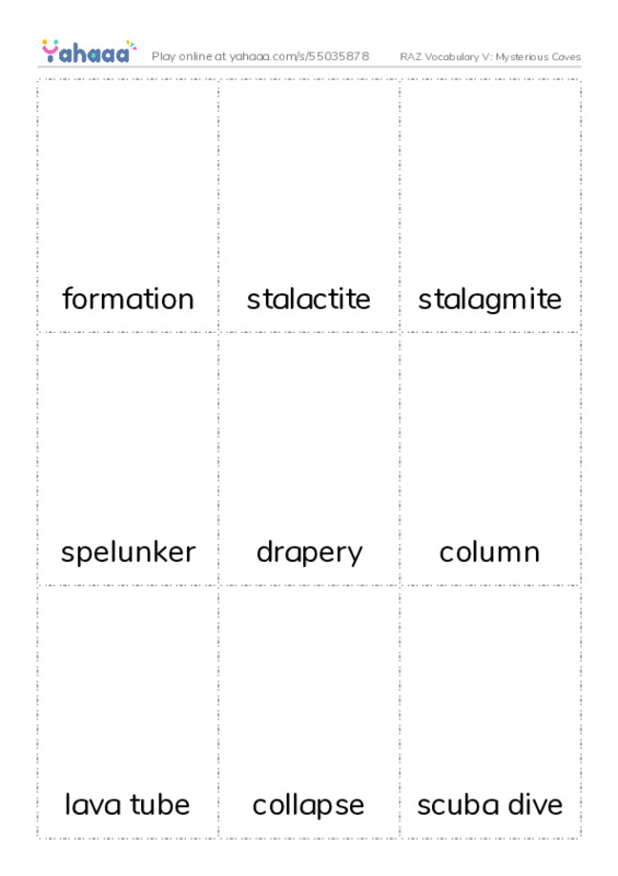 RAZ Vocabulary V: Mysterious Caves PDF flaschards with images
