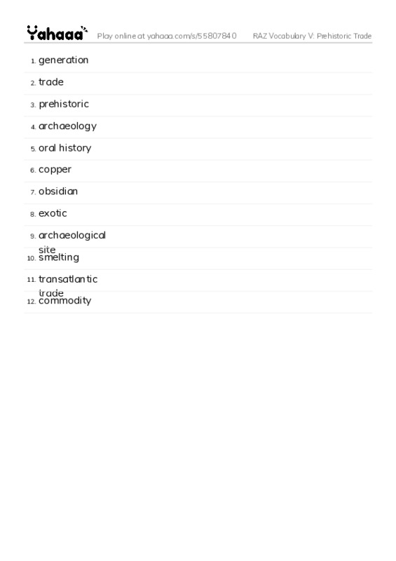 RAZ Vocabulary V: Prehistoric Trade PDF words glossary