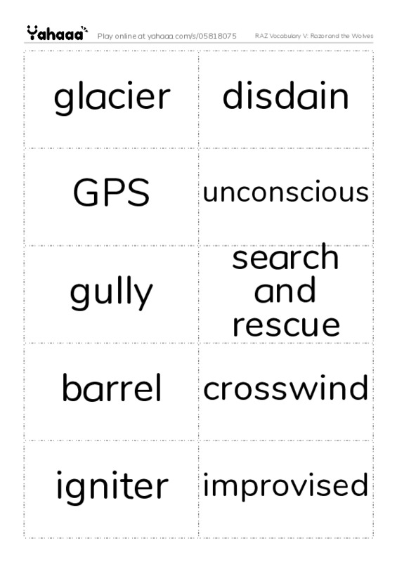 RAZ Vocabulary V: Razor and the Wolves PDF two columns flashcards