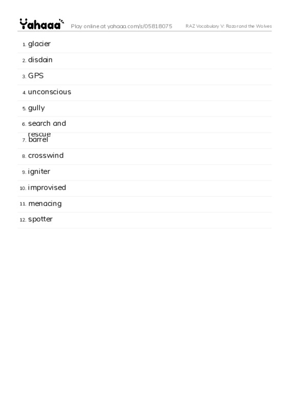 RAZ Vocabulary V: Razor and the Wolves PDF words glossary