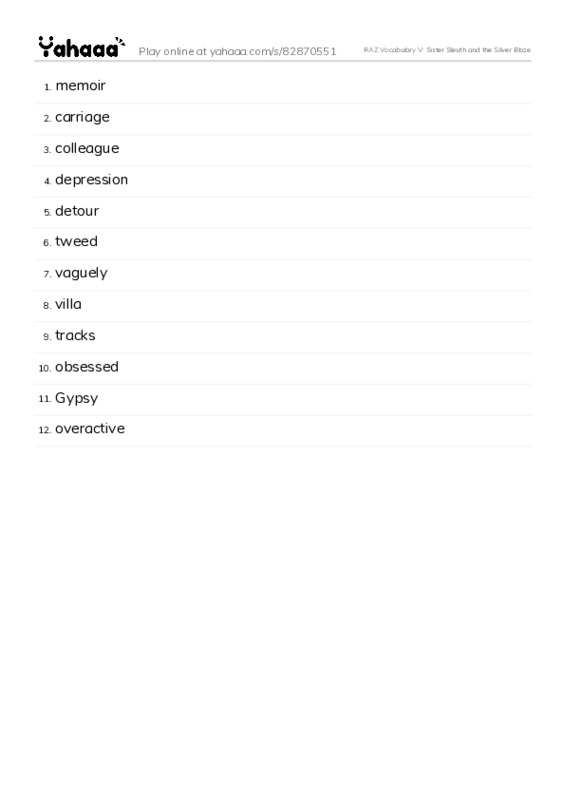 RAZ Vocabulary V: Sister Sleuth and the Silver Blaze PDF words glossary