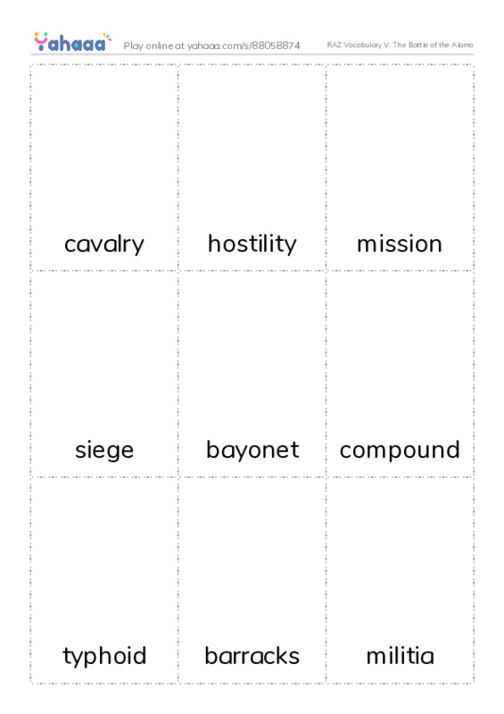RAZ Vocabulary V: The Battle of the Alamo PDF flaschards with images