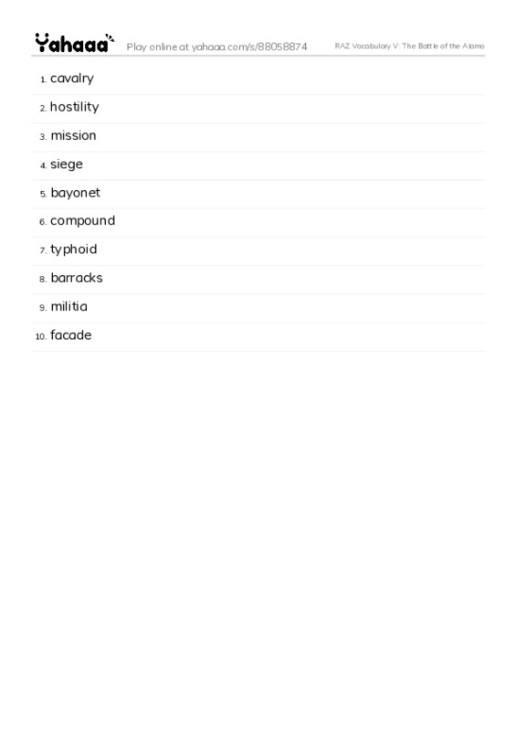 RAZ Vocabulary V: The Battle of the Alamo PDF words glossary