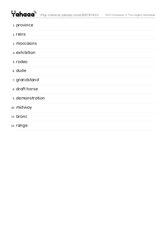 RAZ Vocabulary V: The Calgary Stampede PDF words glossary