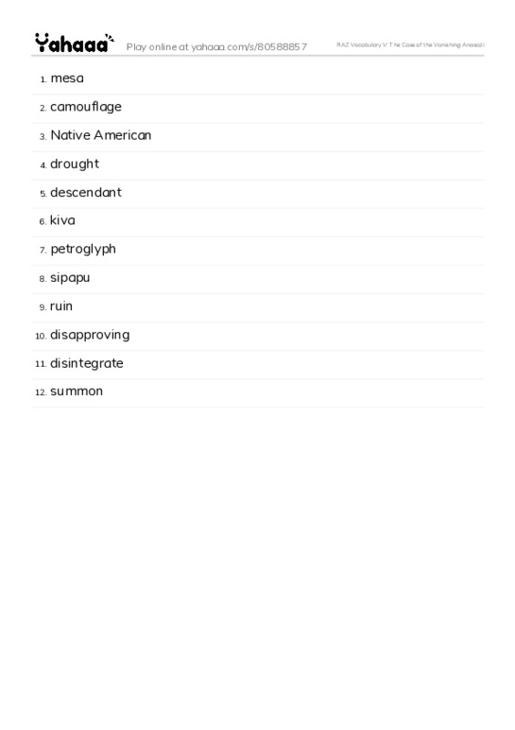 RAZ Vocabulary V: The Case of the Vanishing Anasazi PDF words glossary