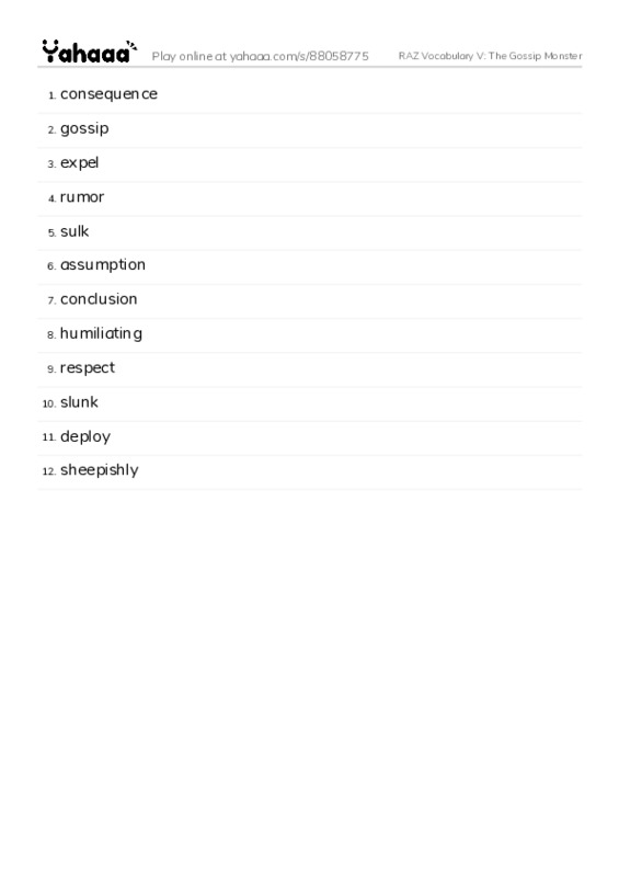 RAZ Vocabulary V: The Gossip Monster PDF words glossary