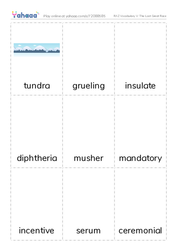 RAZ Vocabulary V: The Last Great Race PDF flaschards with images