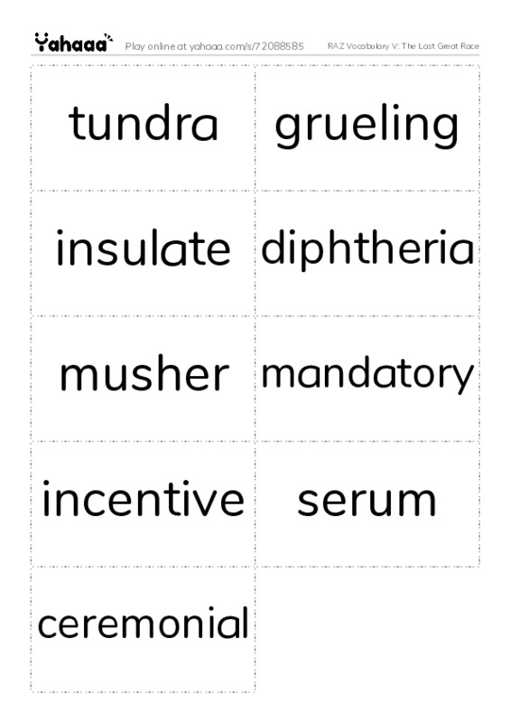 RAZ Vocabulary V: The Last Great Race PDF two columns flashcards