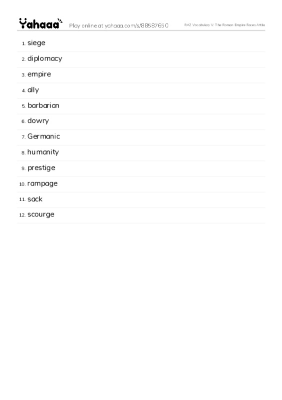 RAZ Vocabulary V: The Roman Empire Faces Attila PDF words glossary