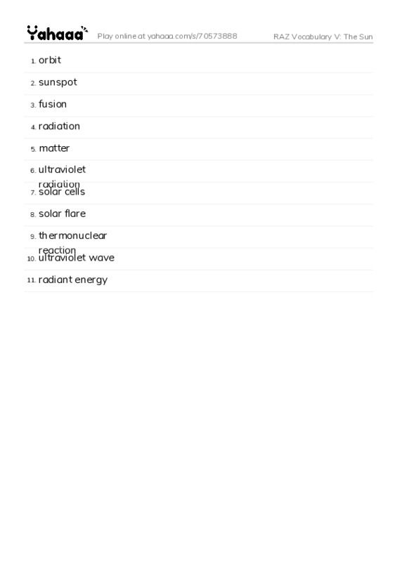 RAZ Vocabulary V: The Sun PDF words glossary