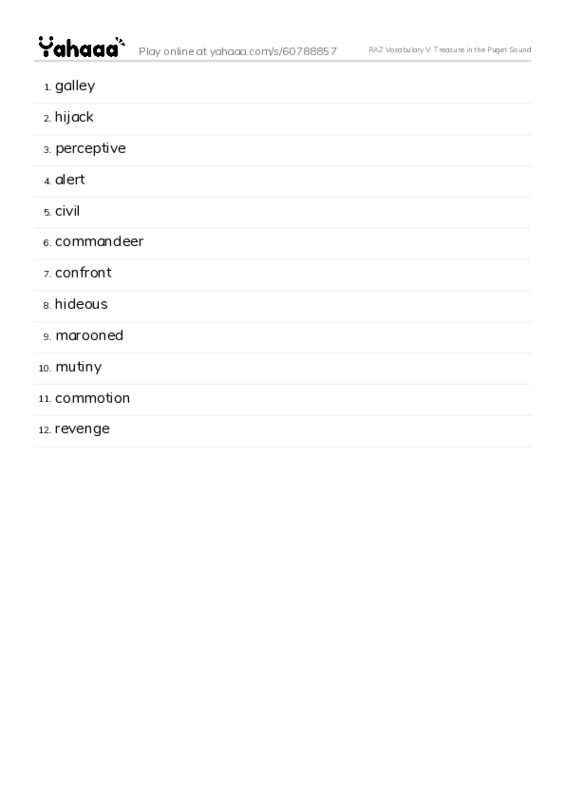 RAZ Vocabulary V: Treasure in the Puget Sound PDF words glossary
