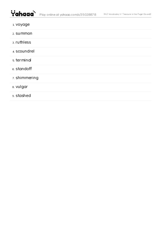 RAZ Vocabulary V: Treasure in the Puget Sound2 PDF words glossary