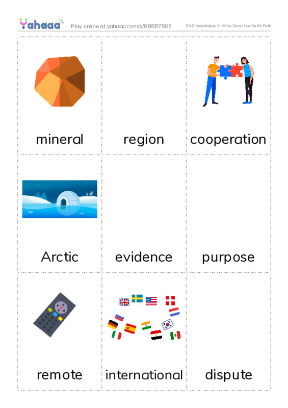 RAZ Vocabulary V: Who Owns the North Pole PDF flaschards with images