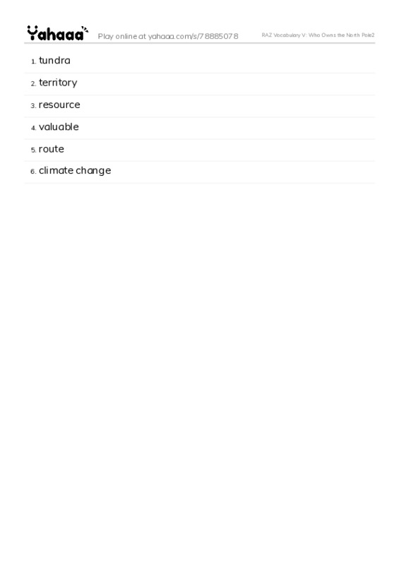 RAZ Vocabulary V: Who Owns the North Pole2 PDF words glossary