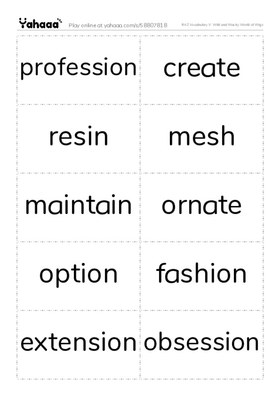 RAZ Vocabulary V: Wild and Wacky World of Wigs PDF two columns flashcards