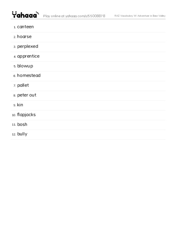 RAZ Vocabulary W: Adventure in Bear Valley PDF words glossary