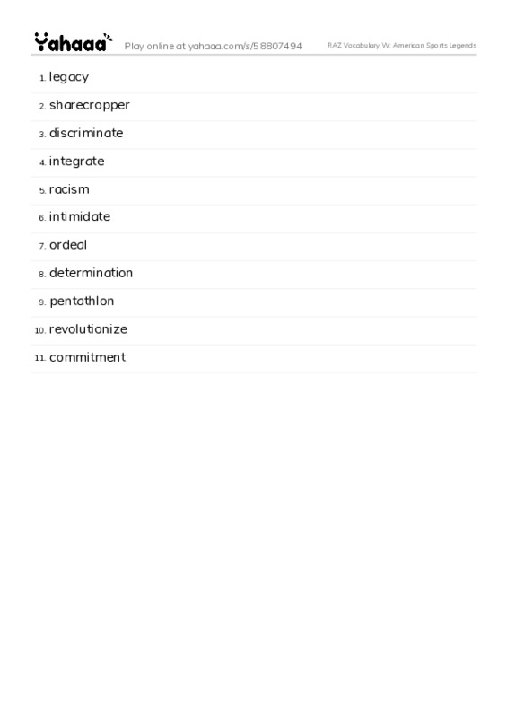 RAZ Vocabulary W: American Sports Legends PDF words glossary