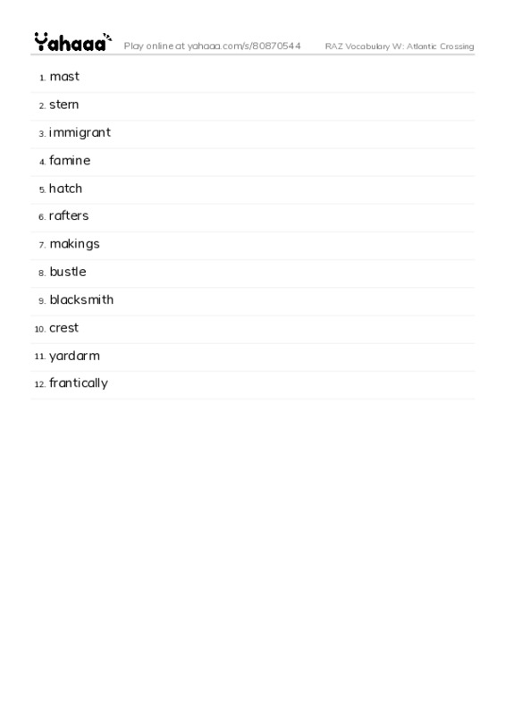 RAZ Vocabulary W: Atlantic Crossing PDF words glossary
