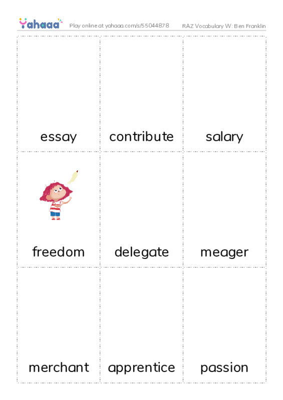 RAZ Vocabulary W: Ben Franklin PDF flaschards with images