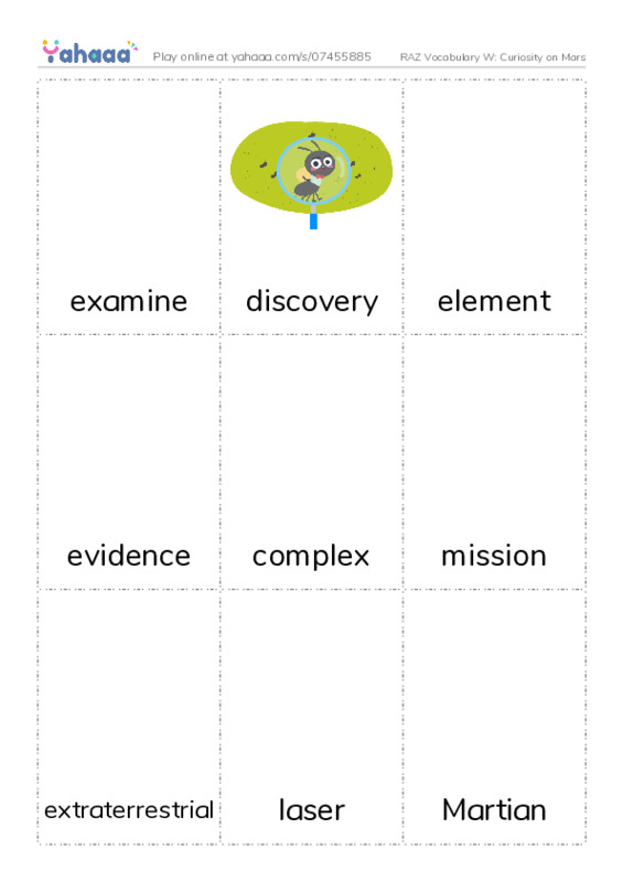 RAZ Vocabulary W: Curiosity on Mars PDF flaschards with images