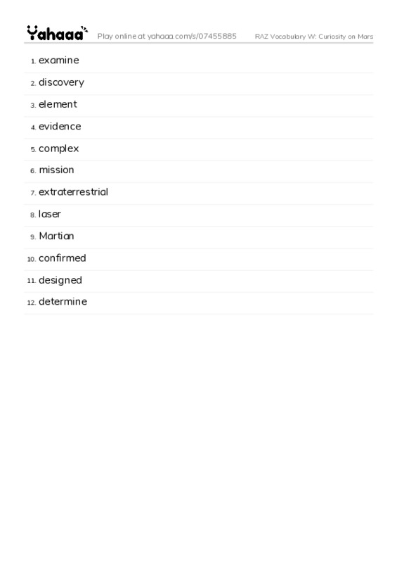 RAZ Vocabulary W: Curiosity on Mars PDF words glossary