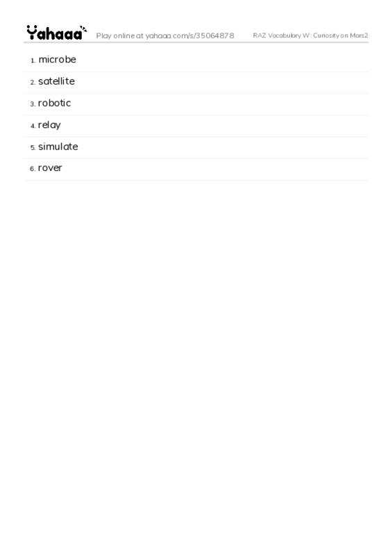 RAZ Vocabulary W: Curiosity on Mars2 PDF words glossary