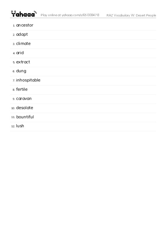RAZ Vocabulary W: Desert People PDF words glossary