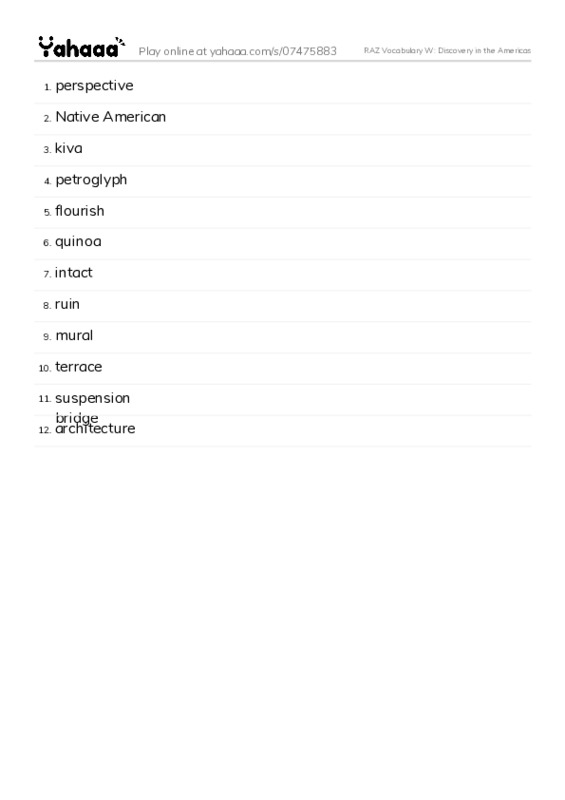 RAZ Vocabulary W: Discovery in the Americas PDF words glossary