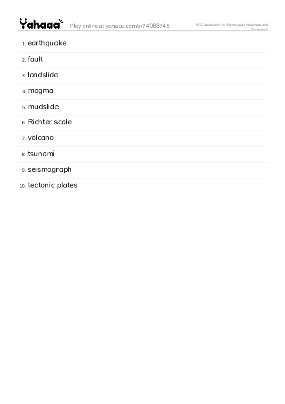 RAZ Vocabulary W: Earthquakes Volcanoes and Tsunamis2 PDF words glossary
