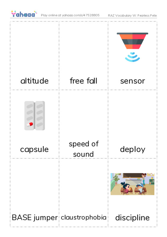 RAZ Vocabulary W: Fearless Felix PDF flaschards with images